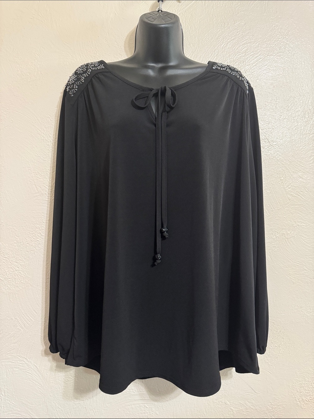 Susan Graver Black Tie-Neck Blouse with Embellished Shoulders